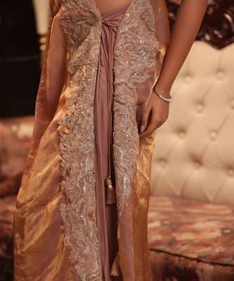 Pink tingled gold tussah serape set - neha garg 5