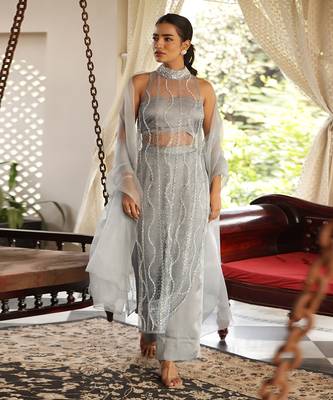 Sky pearl pearl plop embellished suit set - neha garg 1