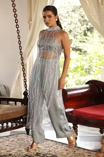 Sky pearl pearl plop embellished suit set - neha garg