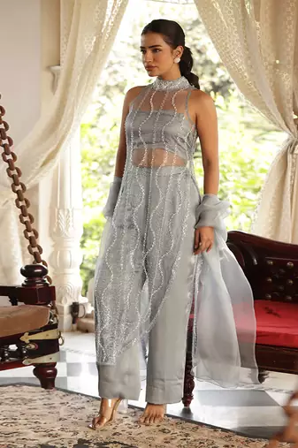 Sky pearl pearl plop embellished suit set - neha garg