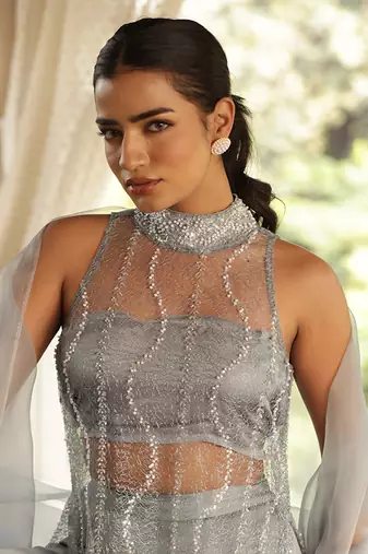 Sky pearl pearl plop embellished suit set - neha garg