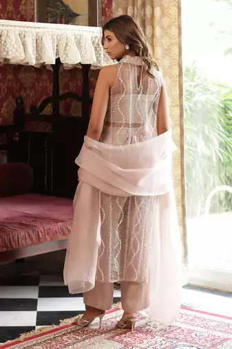 Pastel pearl pearl plop embellished suit set - neha garg