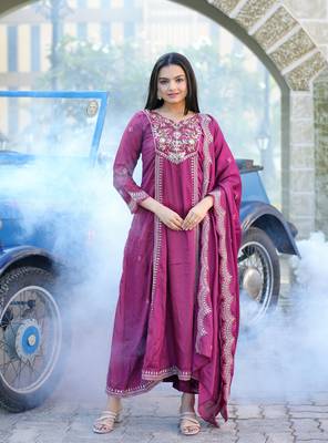 PINK CHINON PARTY WEAR EMBROIDERY  SUIT SET 1