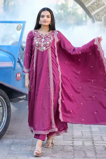 PINK CHINON PARTY WEAR EMBROIDERY  SUIT SET