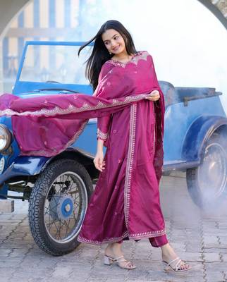 PINK CHINON PARTY WEAR EMBROIDERY  SUIT SET 3