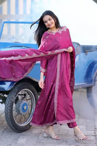 PINK CHINON PARTY WEAR EMBROIDERY  SUIT SET