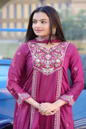 PINK CHINON PARTY WEAR EMBROIDERY  SUIT SET