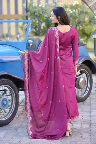 PINK CHINON PARTY WEAR EMBROIDERY  SUIT SET