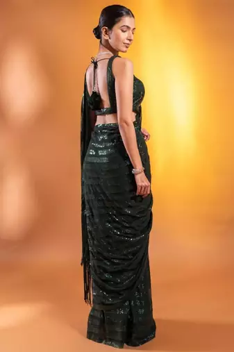 Deep Green Sequins Embroidered Georgette Party Wear Saree