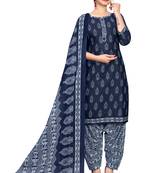 navy blue & grey cotton blend printed ready to wear patiala salwar suit