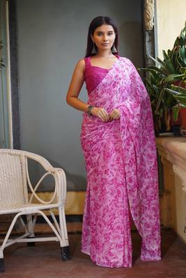 Light peach chiffon floral print saree with unstitched blouse piece 1