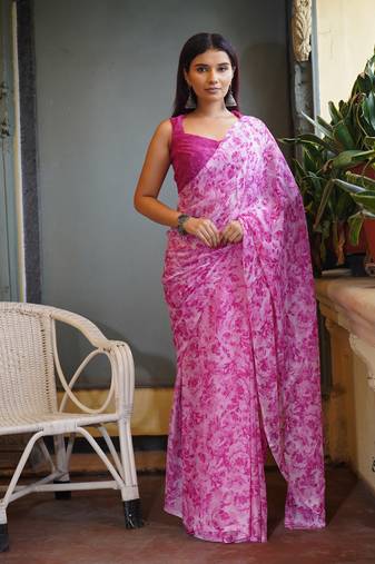 Light pink chiffon floral print saree with unstitched blouse piece