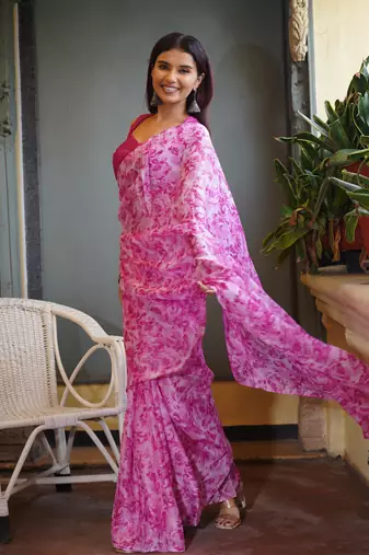 Light peach chiffon floral print saree with unstitched blouse piece