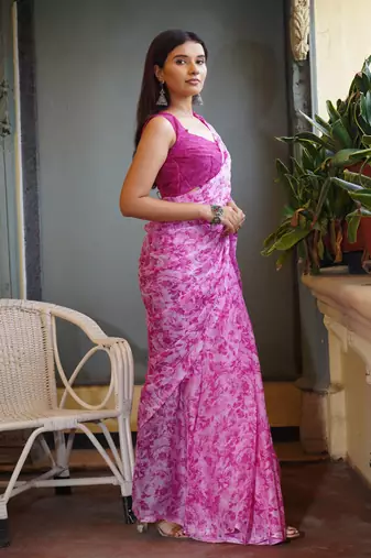 Light peach chiffon floral print saree with unstitched blouse piece
