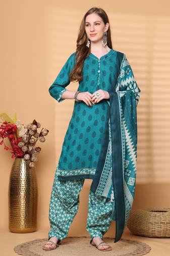 teal green cotton blend printed ready to wear patiala salwar suit