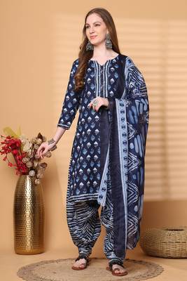 navy blue & white cotton blend printed ready to wear patiala salwar suit 1