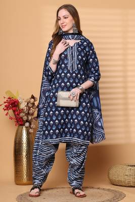 navy blue & white cotton blend printed ready to wear patiala salwar suit 4