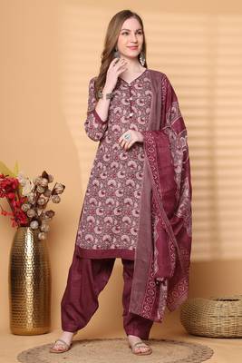 wine cotton blend printed ready to wear patiala salwar suit 1