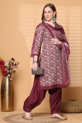 wine cotton blend printed ready to wear patiala salwar suit 4