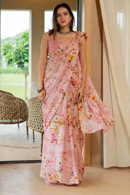 Light peach chiffon floral print saree with unstitched blouse piece 1