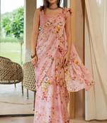 Light peach chiffon floral print saree with unstitched blouse piece