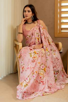 Light peach chiffon floral print saree with unstitched blouse piece 2