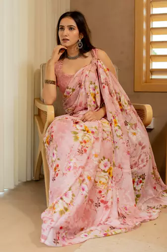 Light peach chiffon floral print saree with unstitched blouse piece
