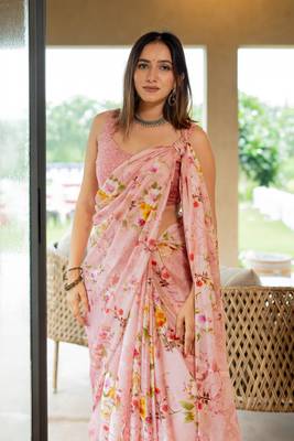 Light peach chiffon floral print saree with unstitched blouse piece 4