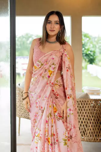 Light peach chiffon floral print saree with unstitched blouse piece