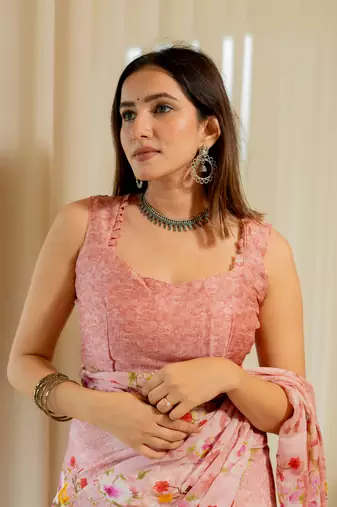 Light peach chiffon floral print saree with unstitched blouse piece