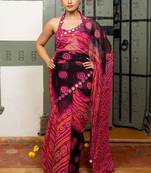 Black georgette bandhani print plastic mirror work border saree