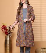women's pure cotton jaipuri printed kurta-shrug with pant