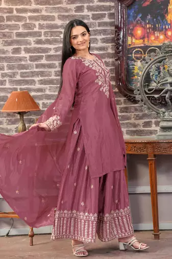 light maroon chifon party wear EMBROIDERY  suit set 