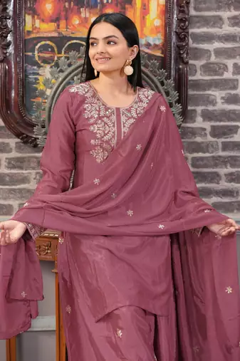 light maroon chifon party wear EMBROIDERY  suit set 
