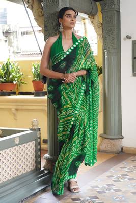 Black georgette bandhani print plastic mirror work border saree 2
