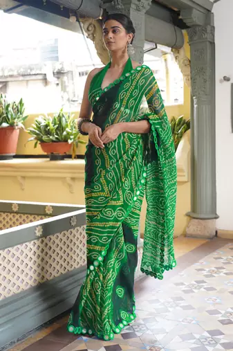 Black georgette bandhani print plastic mirror work border saree