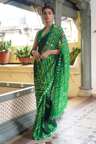 Black georgette bandhani print plastic mirror work border saree
