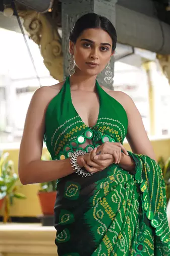 Black georgette bandhani print plastic mirror work border saree
