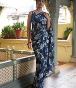 Navy blue chiffon floral print saree with unstitched blouse piece