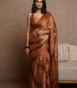 Rust brown chiffon floral print saree with unstitched blouse piece