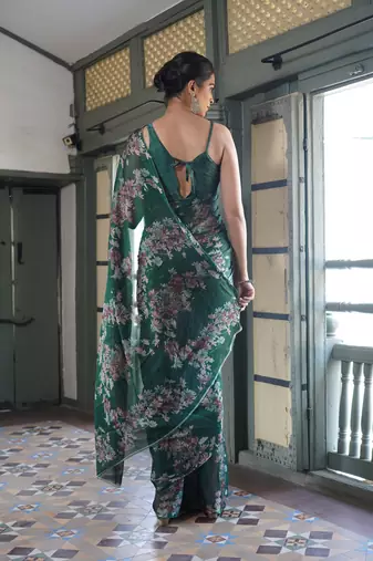 Mehandi chiffon floral print saree with unstitched blouse piece