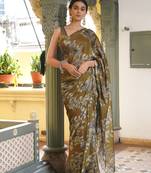 Mehandi chiffon floral print saree with unstitched blouse piece