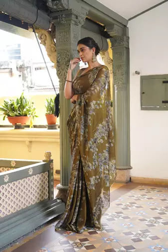 Mehandi chiffon floral print saree with unstitched blouse piece