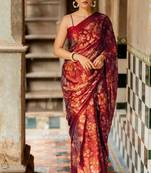 Dark red chiffon floral print saree with unstitched blouse piece