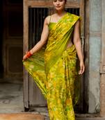 Mehandi green chiffon floral print saree with unstitched blouse piece