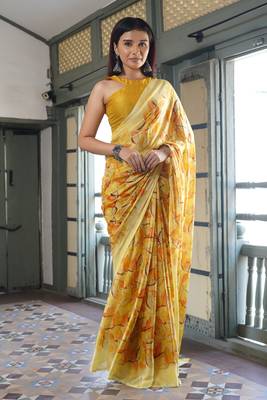 Dusty teal chiffon floral print saree with unstitched blouse piece 1