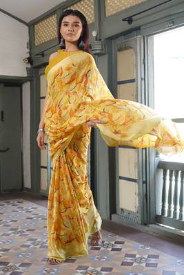 Dusty teal chiffon floral print saree with unstitched blouse piece 2