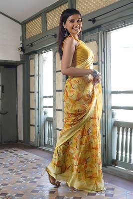 Dusty teal chiffon floral print saree with unstitched blouse piece 3