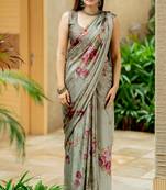 Greyish beige chiffon floral print saree with unstitched blouse piece