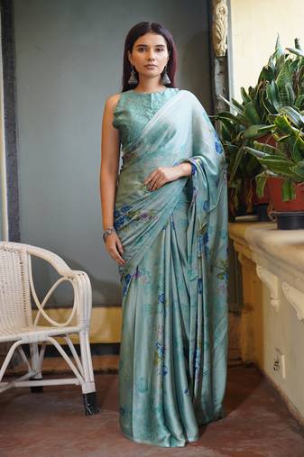 Dusty teal chiffon floral print saree with unstitched blouse piece
